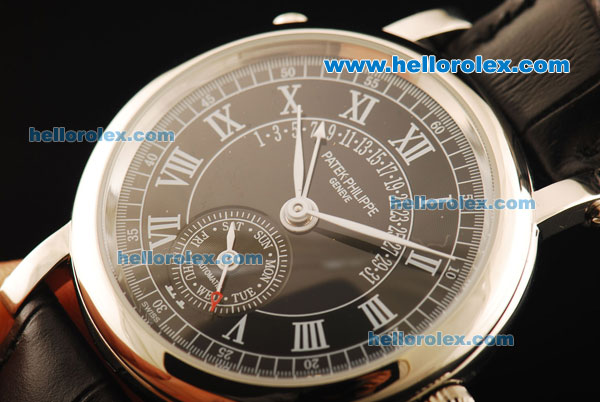 Patek Philippe Automatic Movement Steel Case with Black Dial and White Roman Numerals-Black Leather Strap - Click Image to Close